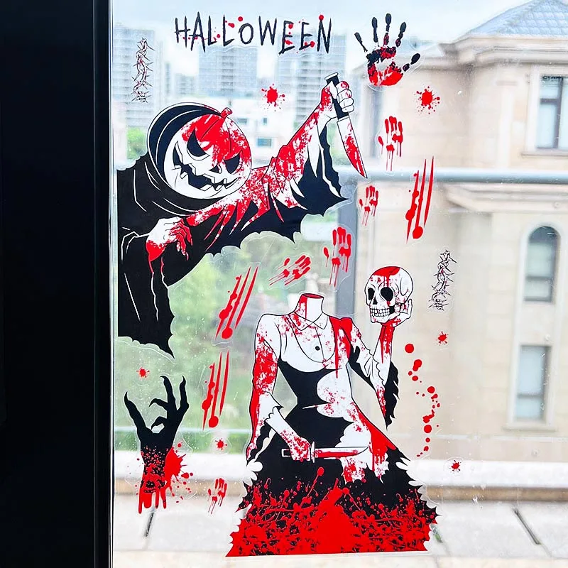 Halloween Stickers Horror Blood Hand Print Skull Pumpkin Electrostatic Window Stickers Halloween Party Haunted House Wall Decal