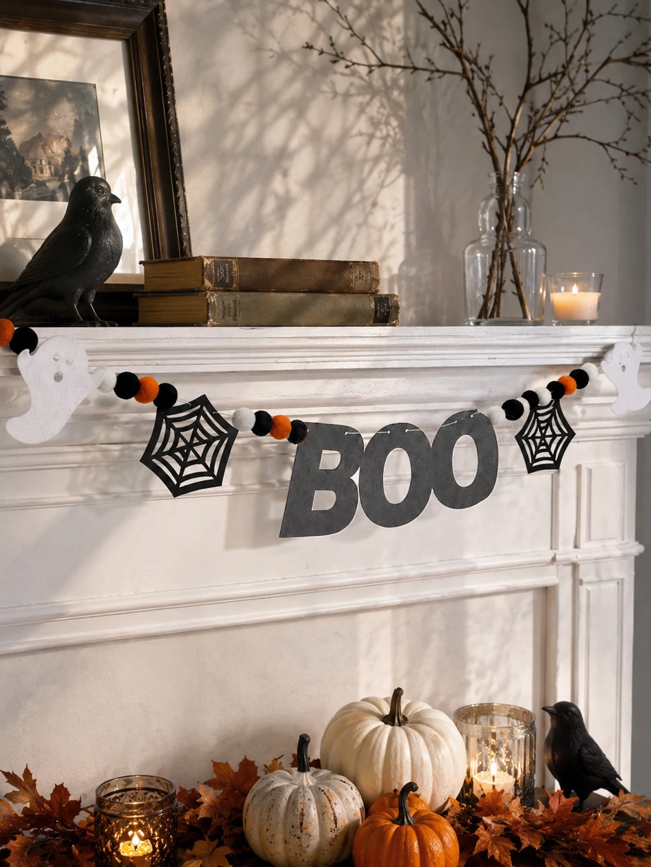 Halloween BOO Felt Banner Garland with Ghost Spider Web Pom Pom Balls Fireplace Mantel Wall Hanging String Decor for Home Party
