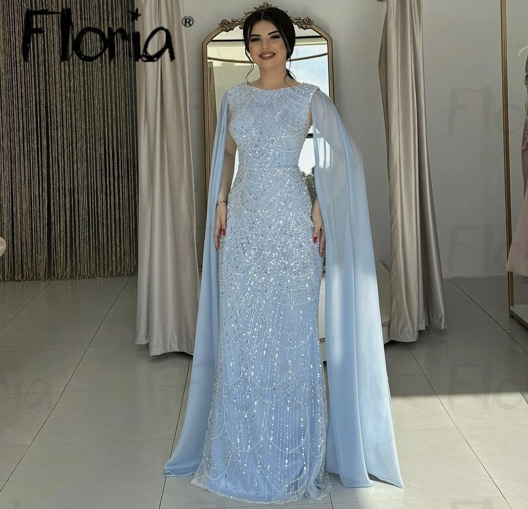 Elegant Long Cape Sleeve Sky Blue Evening Dress O Neck Beaded Sheath Dress For Wedding Party Fashion Host Dress Dubai Custom