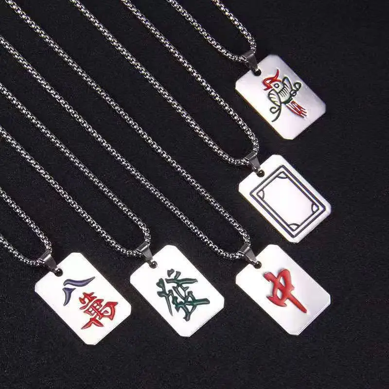 Fashion Punk Mahjong Shaped Pendant Necklace for Women The Dragon Wind Bamboo Dot Character Tiles Stainless Steel Charm Jewelry