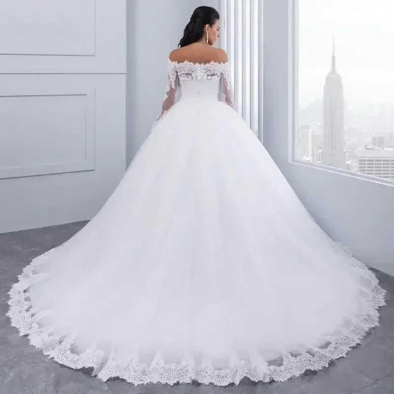 Customized White Wedding Dress Ball Gown Elegant Embroidered Flower Big Lace Train Long Sleeve Bridal