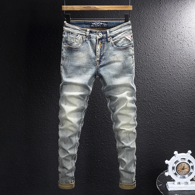 

Fashion Designer Men Jeans Retro Washed Blue Stretch Slim Fit Ripped Jeans Winter Denim Warm Vintage Pants Men Velvet Trousers