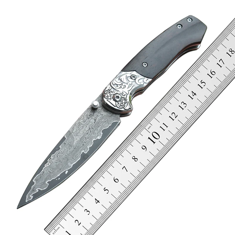 Kitchen tools Folding knife  Damascus steel imports blacksmithing camping tool wood handle outdoor self-defense knife