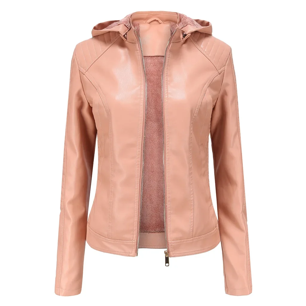 Women\'s Fleece Hooded Long Sleeve Leather Jacket