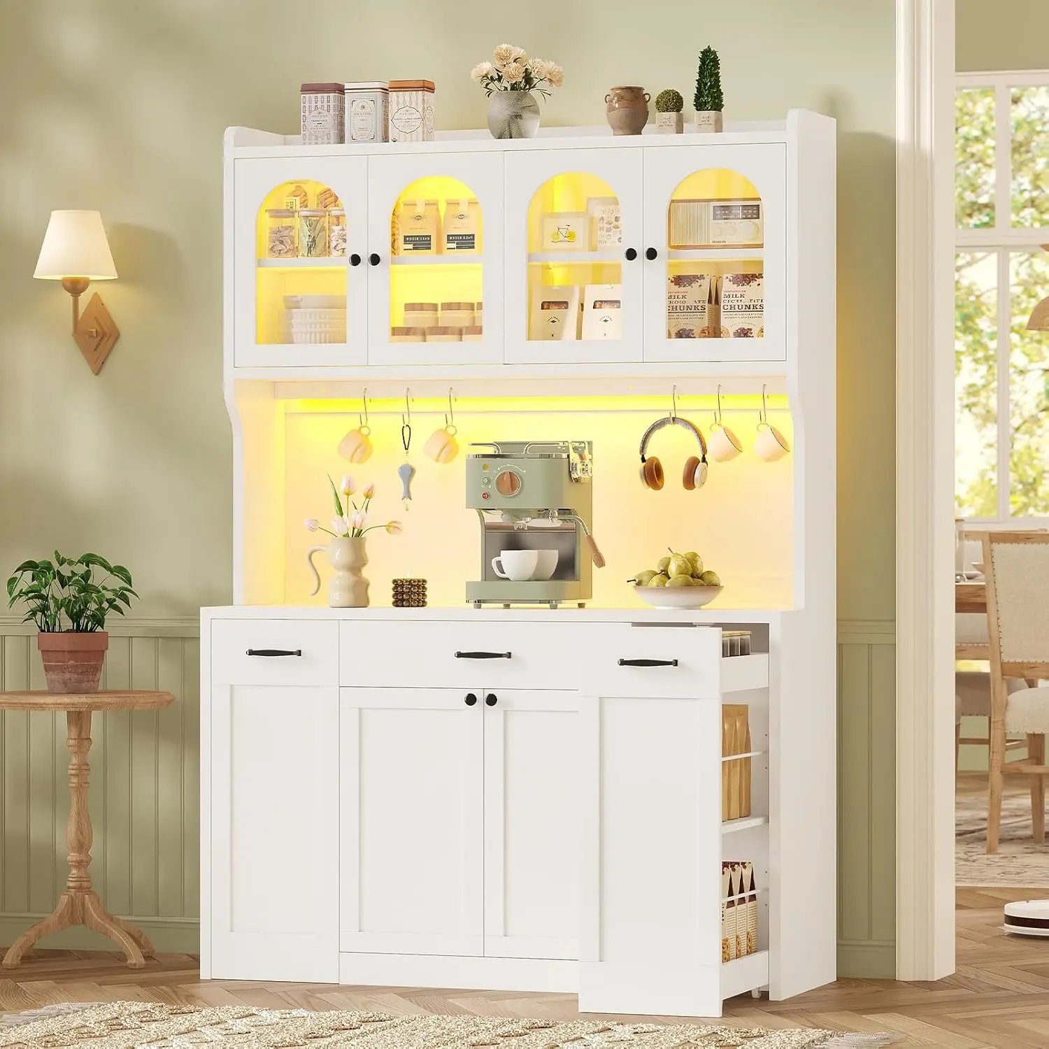 Высокий кухонный шкаф для кладовой 73,7 дюйма со шкивом, подставкой для микроволновой печи и винными полками, стеклянными дверцами, ящиками для хранения в гостиной (4 Doo