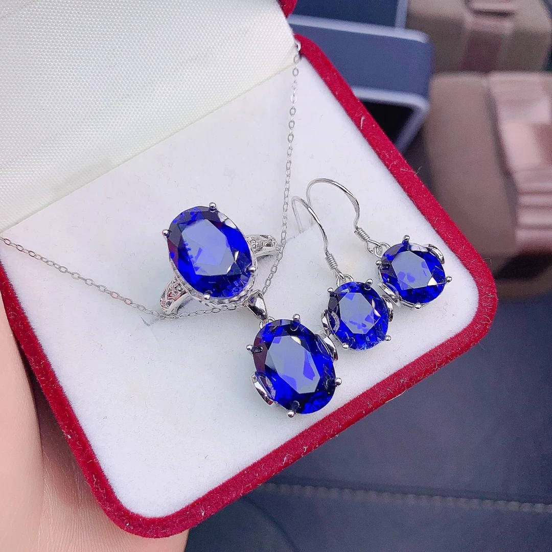 FS S925 Sterling Silver Fine Jewelry Sets for Women Natural Sapphire Fashion Ring Earrings Pendant Necklace 4-Piece MeiBaPJ