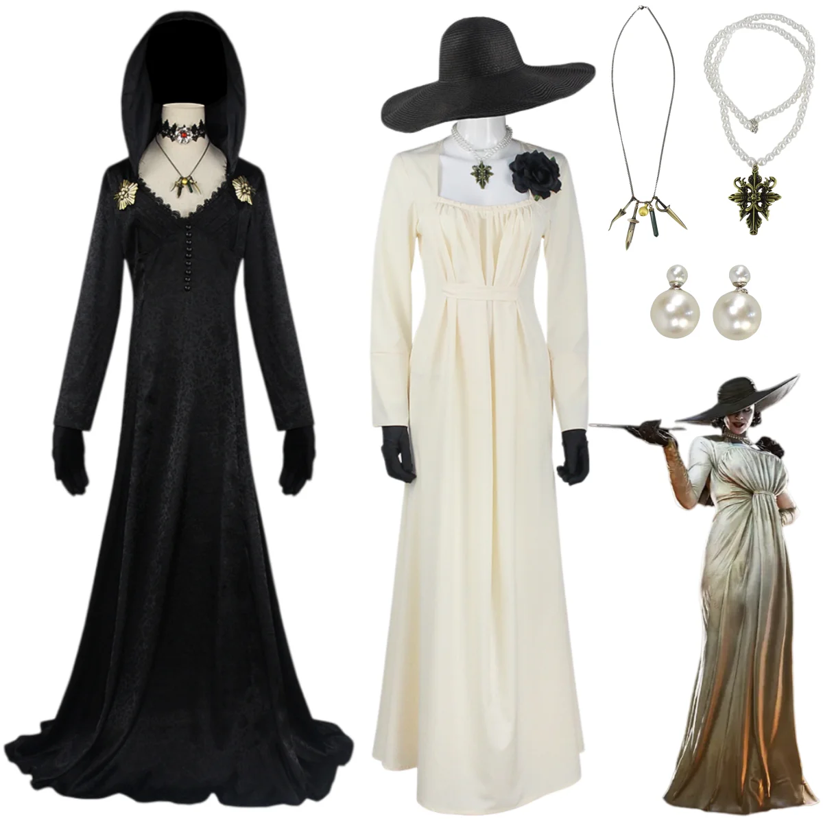 Anime Game Alcina Dimitrescu Cosplay Costume Bela Cassandra Daniela White Black Dress Necklace Wig Woman Sexy Carnival Suit