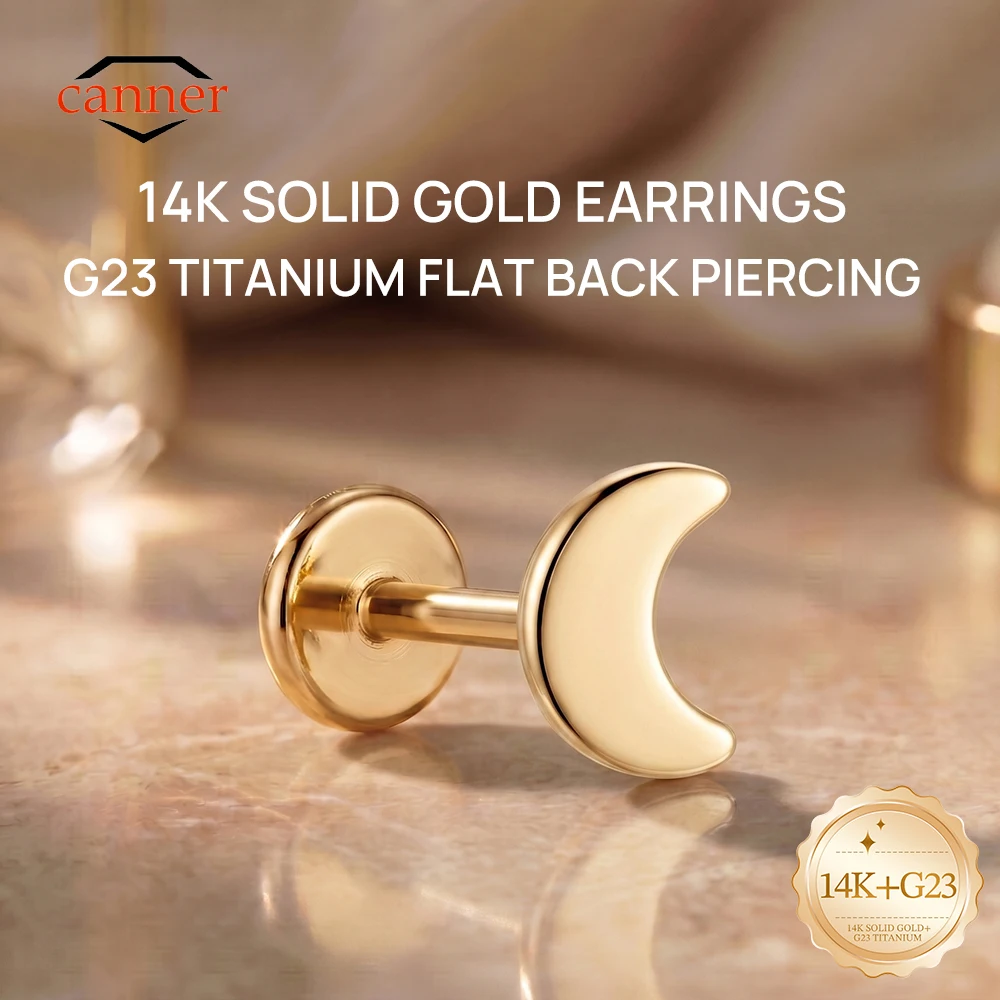 CANNER Boucle d'oreille clou en or massif 14K et titane G23, motif lune lisse, dos plat, pour femme, hypoallergénique, bijou de luxe pour l'oreille