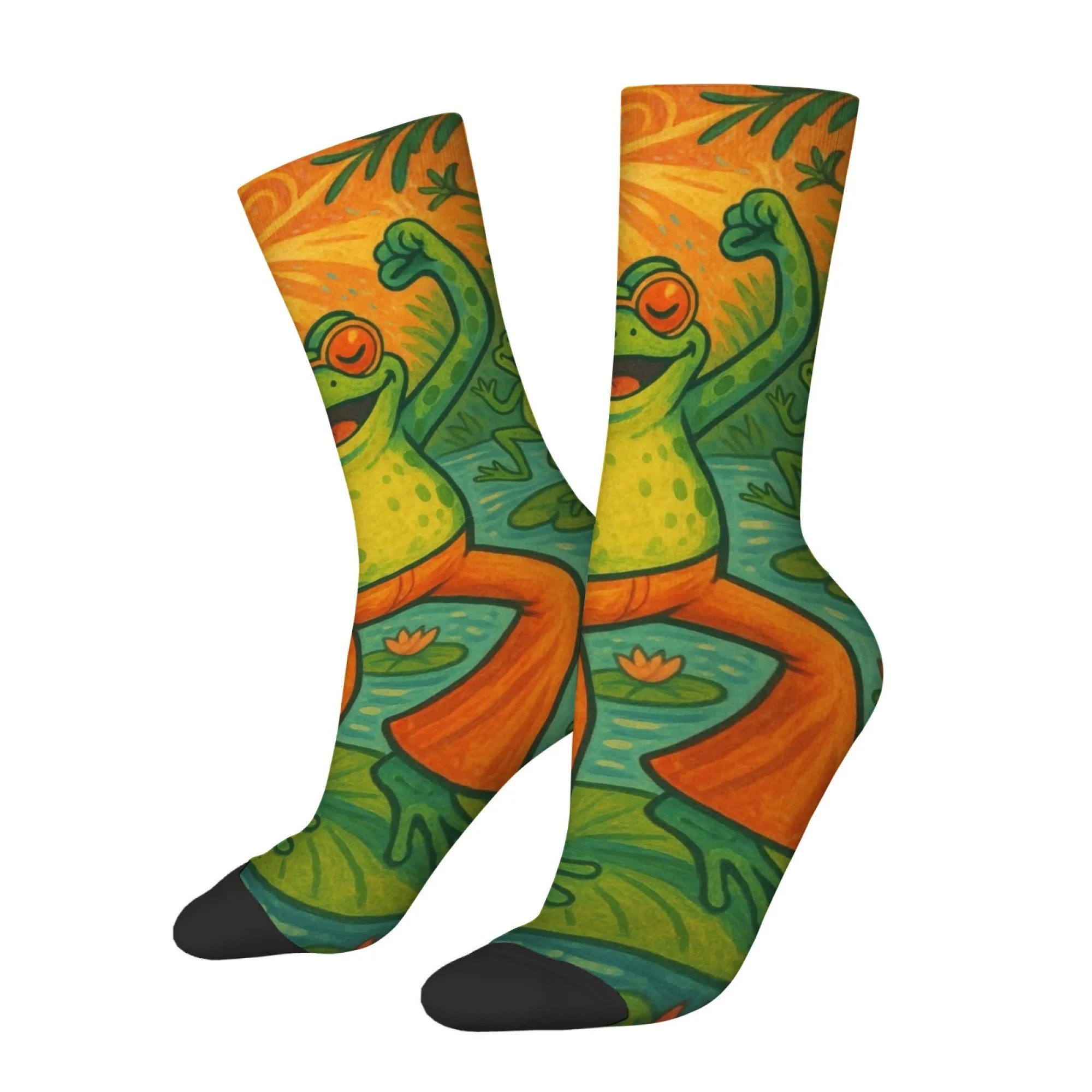 Disco Dancing Frog Print Men Mid-calf Socks Novel Vintage Cartoon Funny Soft Comfortable Hiphop Street Socks Cheerful Gift