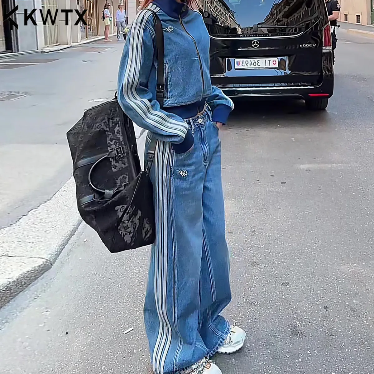 

KWTX Women’s Denim Two Piece Set 2025 New Color Block Striped Patchwork Jacket Wide Leg Pants Casual Chic Vintage Spring Autumn