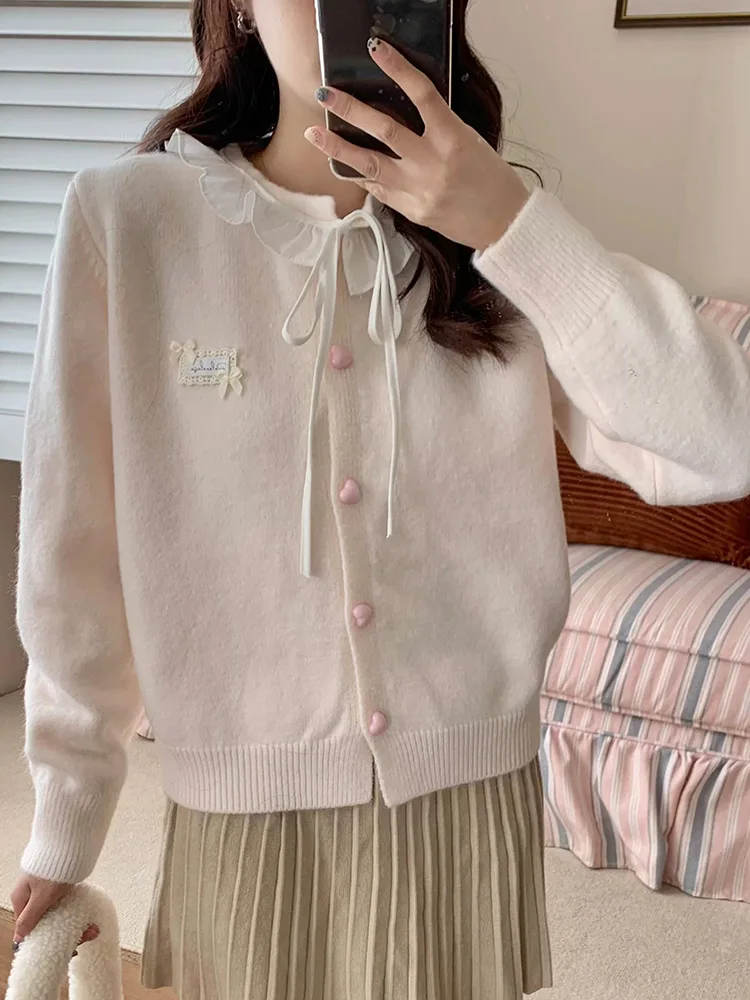 Zoki Ruffles Sweet Cardigan Women Cute Long Sleeve Bow Sweaters Preppy Style O Neck Japan Kawaii Letter Lace Up Love Buttons Top