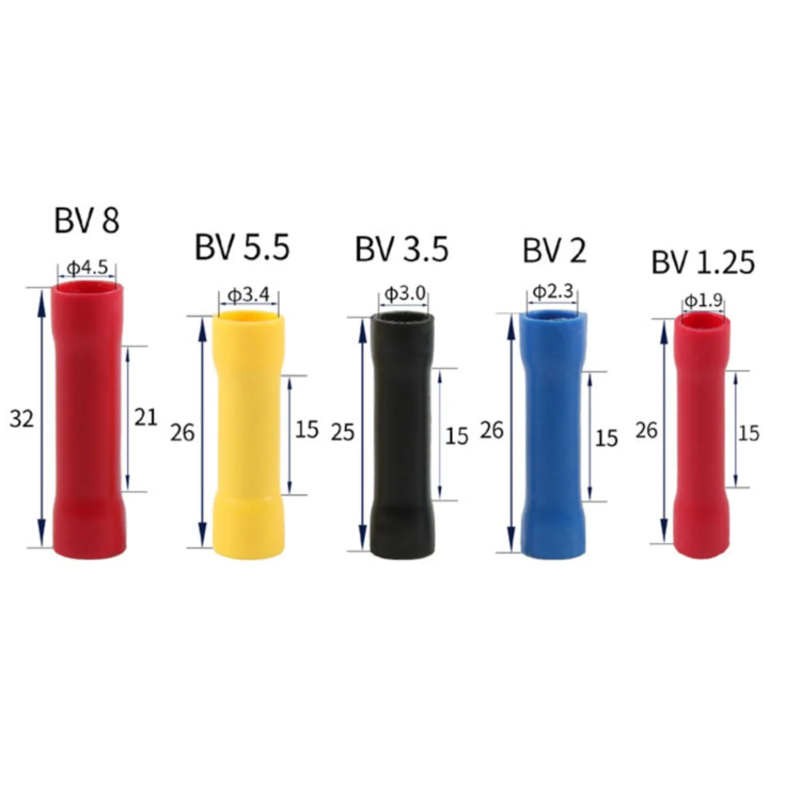 Butt Connectors Crimp BV1.25 BV2 BV3.5 BV8 Red/Blue/Yellow/Black Fully Insulated PVC Wire Butt Splice Connectors