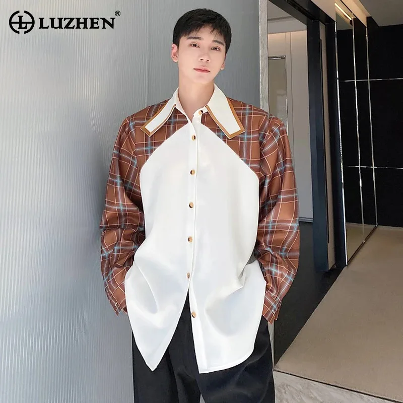 

LUZHEN 2024 Fashion Plaid Pattern Splicing Design Long Sleeve Shirts Original Men's Personality Trendy Elegant Handsome Tops