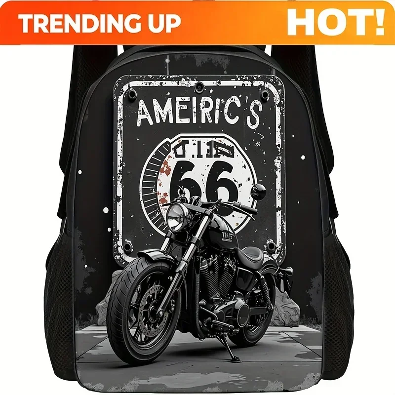 Custom Bag 1pc 2D Flat Printing Vintage Motorcycle Print Backpack Eye Catching Geometric Pattern Adjustable Straps Comfortable P
