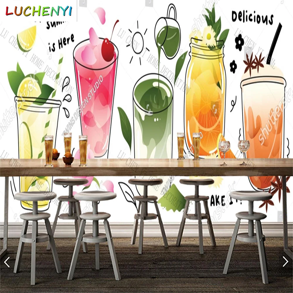 

Custom fruit tea juice mural wallpaper restaurant healthy cold drinking shop dining room wall papers home decor sticker