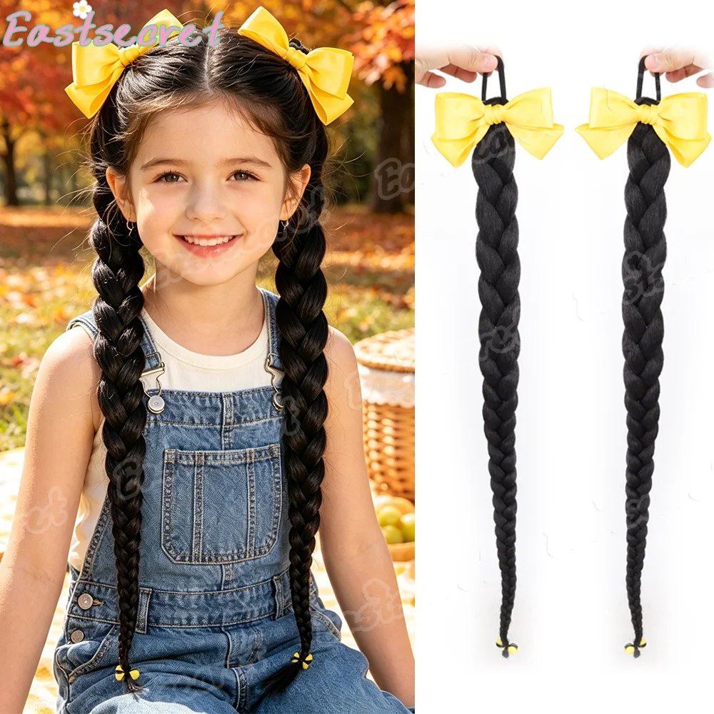 EAST 2 - Pack Girls' Synthetic Wig Set, Yellow Bow Double Braided Pigtails for Cosplay Party Daily Wear