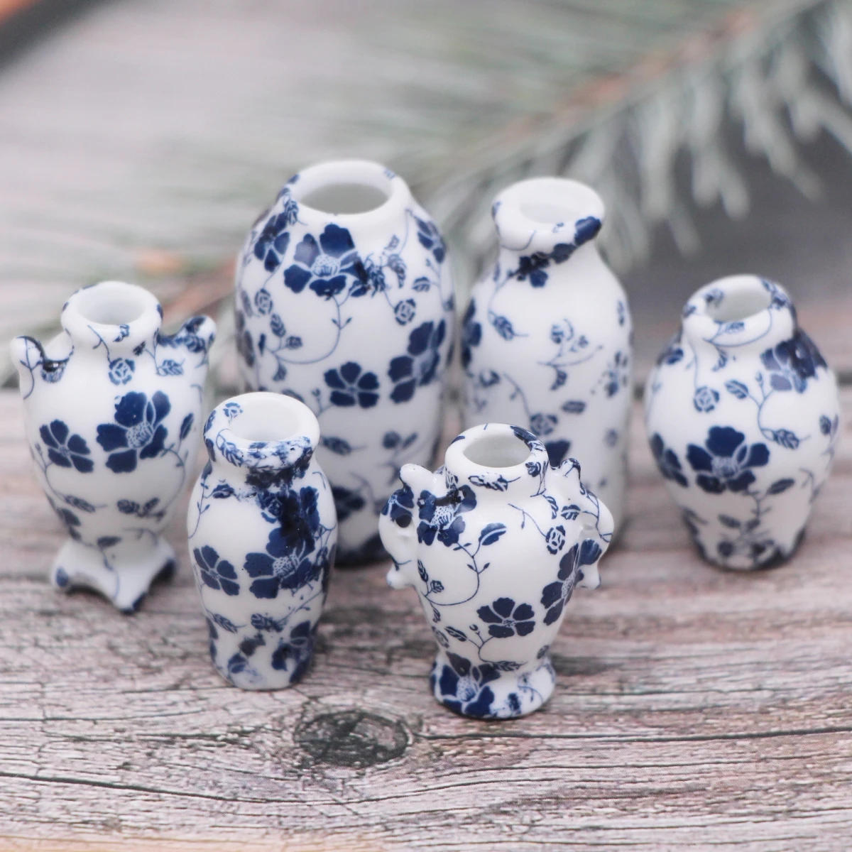 7Pcs Dollhouse Chinese Style Miniature Ceramic Porcelain Vase Mini Flower Bouquet Container Fairy Garden Scene Decor Accessories