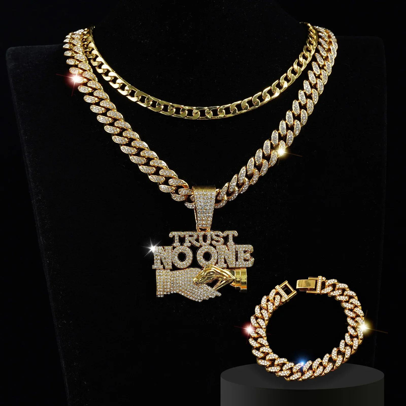 

Trust No One Men Women Bling Letter Pendant Necklace Bracelet Jewelry Set with Full Rhinestone Cuba Chain Choker Necklace