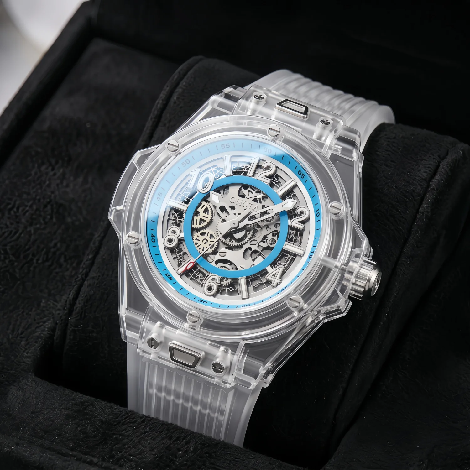 ONOLA Men's Mechanical Watch, Transparent Plastic Case, Silicone Strap, Waterproof Luminous Hollow Skeleton Dial