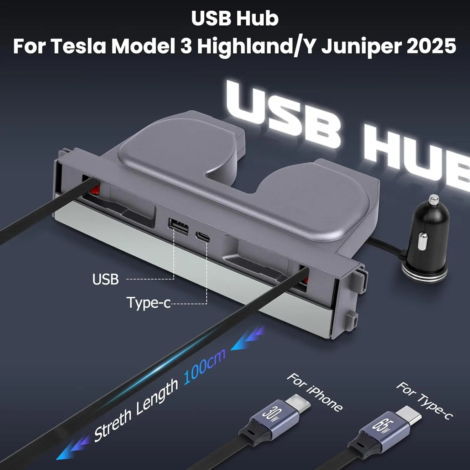 Center Console USB Hub 4 in 1 Retractable For Tesla Model 3 Highland Model Y Juniper Phone Charger Fast Charging Docking Station