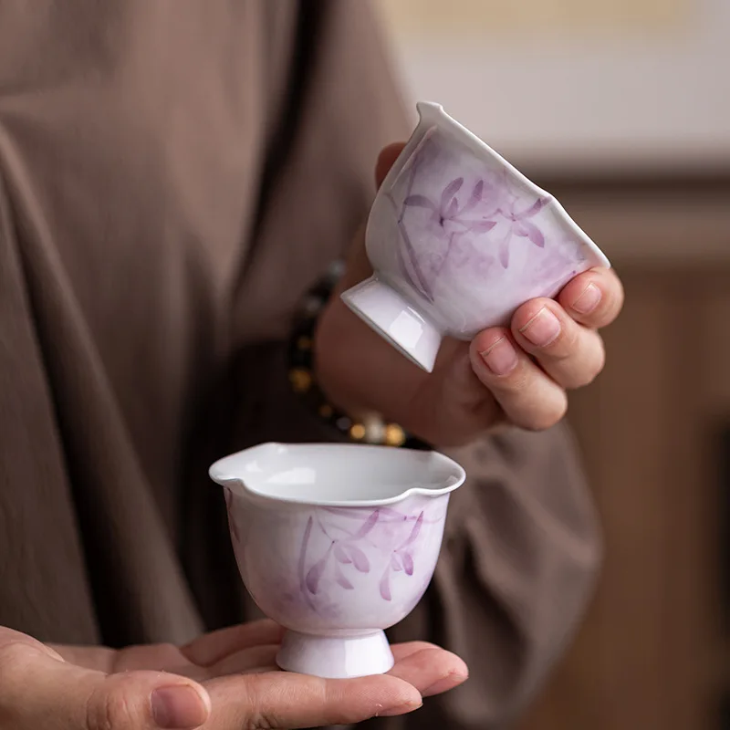 

Hand-painted Twilight Purple Orchid Heart Kung Fu Tea Cup Women's Exquisite Tea Cup Small Goblet Pink Ceramic Master Cup Single