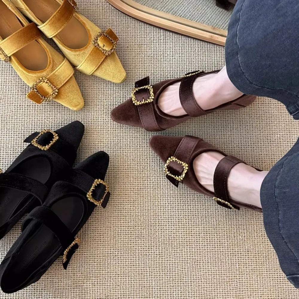 

Women's Velvet Mary Jane Flats, Pointed Toe with Gold Buckle, Low Heel Casual Office Shoes for Women Brown Black Yellow