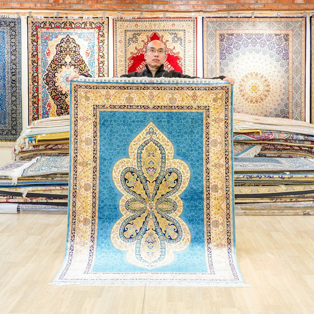 

Турецкий синий ковер ручной работы 122x183 см для гостиной, винтажный, изысканный, восточный, шелковый