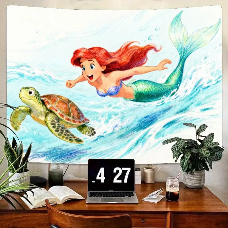 

1 шт. милый мультяшный гобелен с изображением русалки и морской черепахи, яркий океанский фэнтезийный настенный рисунок для детей, девочек, спальни, общежития, гостиной, эстетика