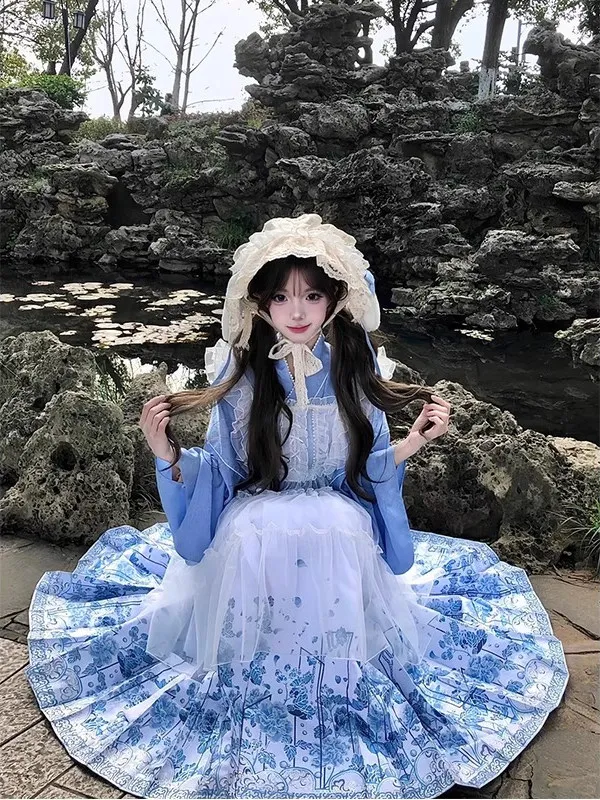 

Blue Hanfu Set with Skirt Cover Lolita Style Women's Clothing Qipao Sleeve Design Cute Daily Wear Polyester Fiber