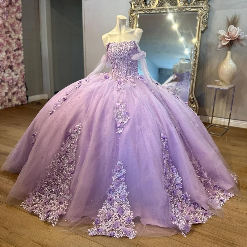 

Lavender Shiny Off Shoulder Ball Gown Quinceanera Dress 3D Flowers Appliques Lace Beads Tull Corset Vestido De 15 Años