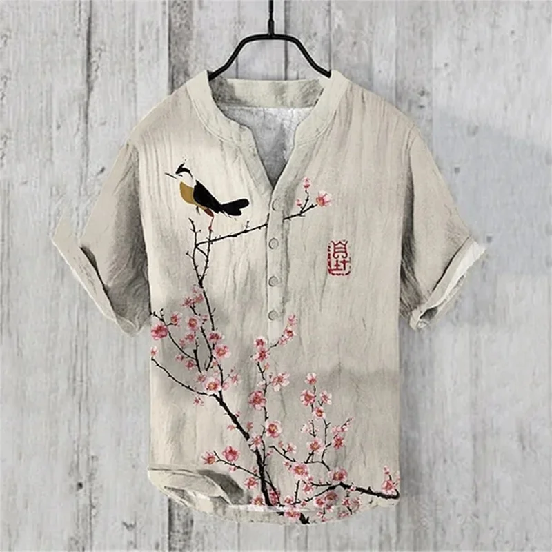 

Simple Flower and Bird 3D Art Printed Linen Blended Men's Casual Fashion Shirt