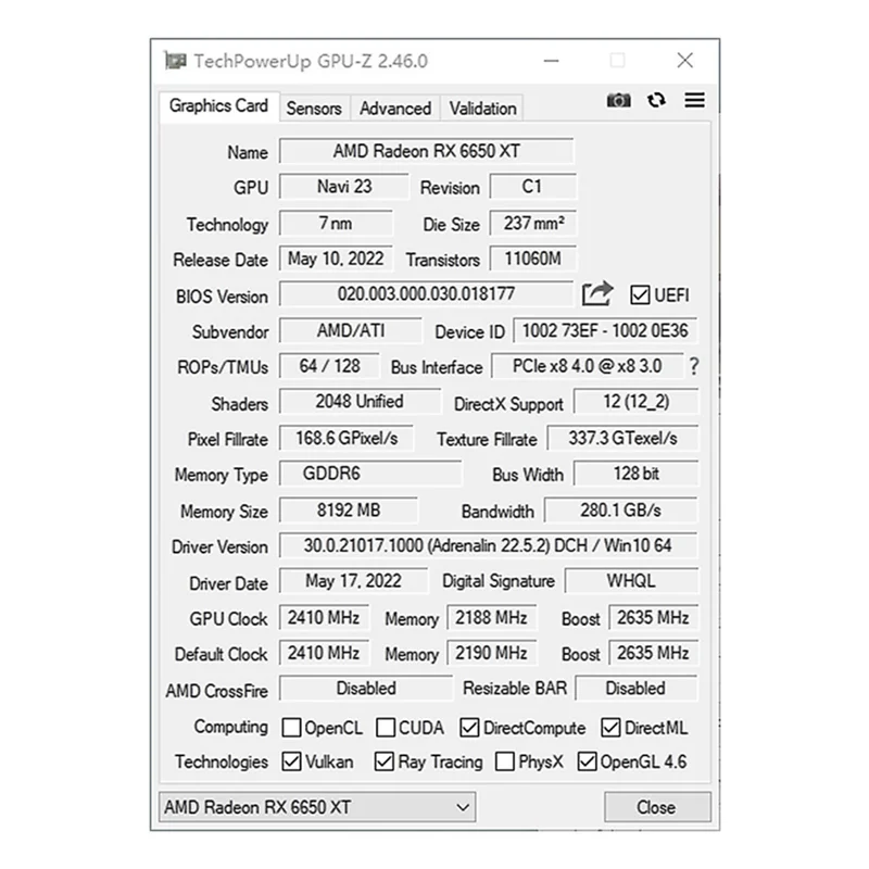 AT87-PELADN RX6650 XT Graphics Card 8G GDDR6 Video Cards Graphics Card PC Computer GPU Gaming Card