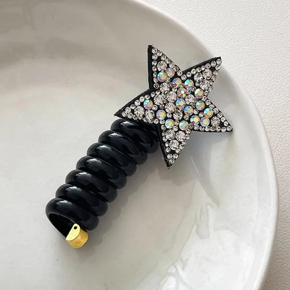 Stretch Hair Tie Meisjes Strass Ster Spiraal Haarband Zonder Vouw Paardenstaart Houder Met Siliconen Telefoonsnoer Schattig Voor Hoog