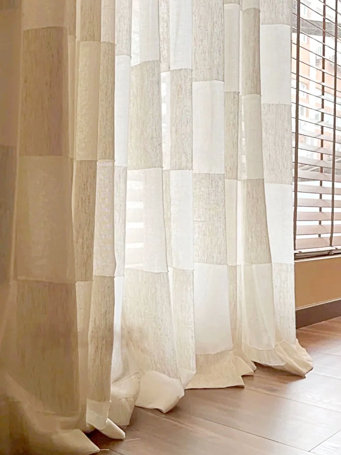 Japanese Linen Square Grid Study Bedroom Living Room Children's Room Yoga Ecru Plaid Curtain Custom Size