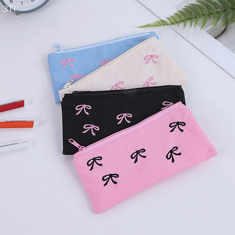 Cute Sweet Bow Pen Case Cosmetic Bag Girl Portable Coin Purse Sanitary Bag Portable Sundries Storage Bag Student Stationery Gift
