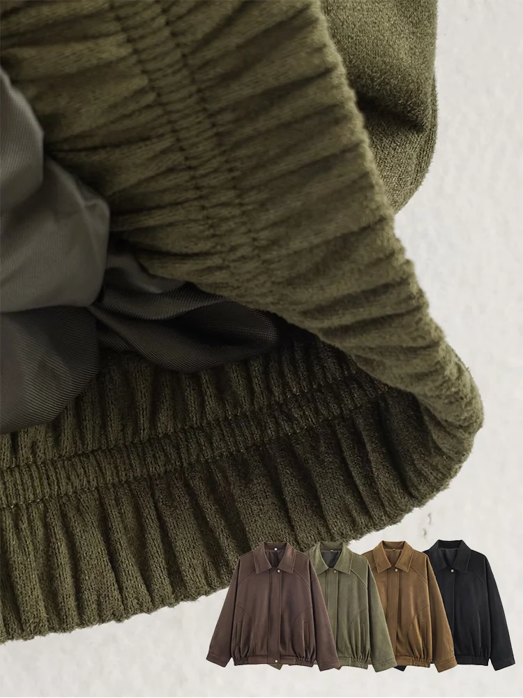 HH Women Autumn 4 Colors Retro Versatile Lapel Bomber Coat Jacket Female Casual Zipper Pocket Pleated Design Streetwear Outwear