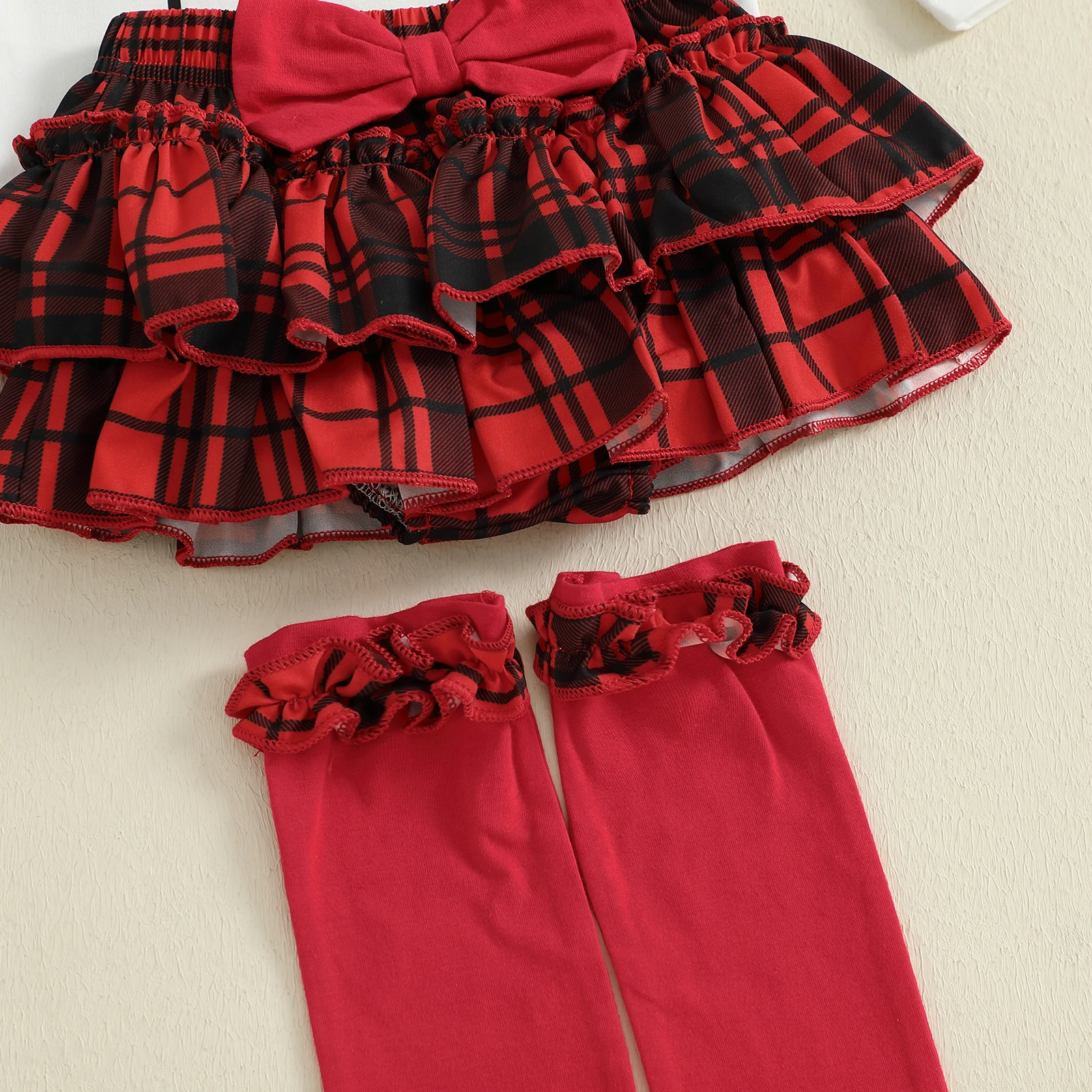 

0-18 Months Christmas Infant Girl Outfits Long Sleeve Crew Neck Romper Layered Shorts Headband Socks Cute 4 Pcs