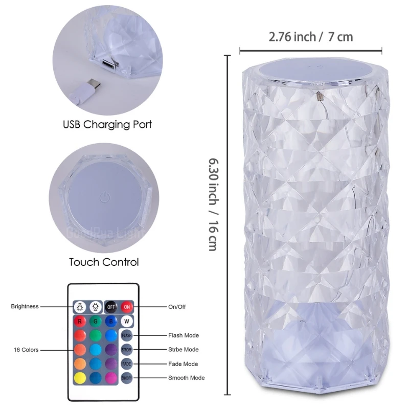 Recarregável Romântico Rose LED Crystal Table Lamp, Bedside Bedroom and Living Room Decoração, Criar um Cozy, Novo