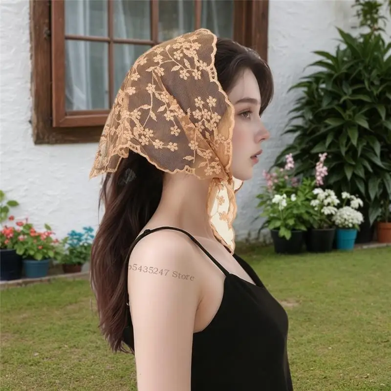 

Elegant Flower Pattern Triangle Scarf Breathable Head Covering Lace Headwrap for Women Girl Casual and Formal Occasion