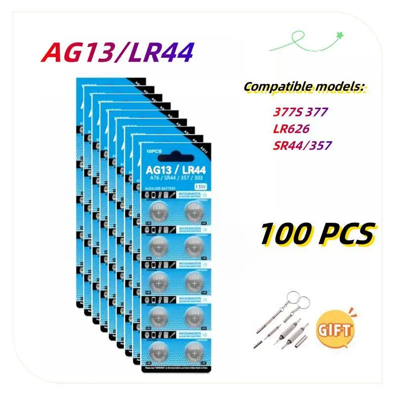 100PCS AG13 Button Battery LR44 A76 357 357A LR1154 SR1154 SR44 Alkaline Coin Cell For Watch Calculator Car Key Remote Clock