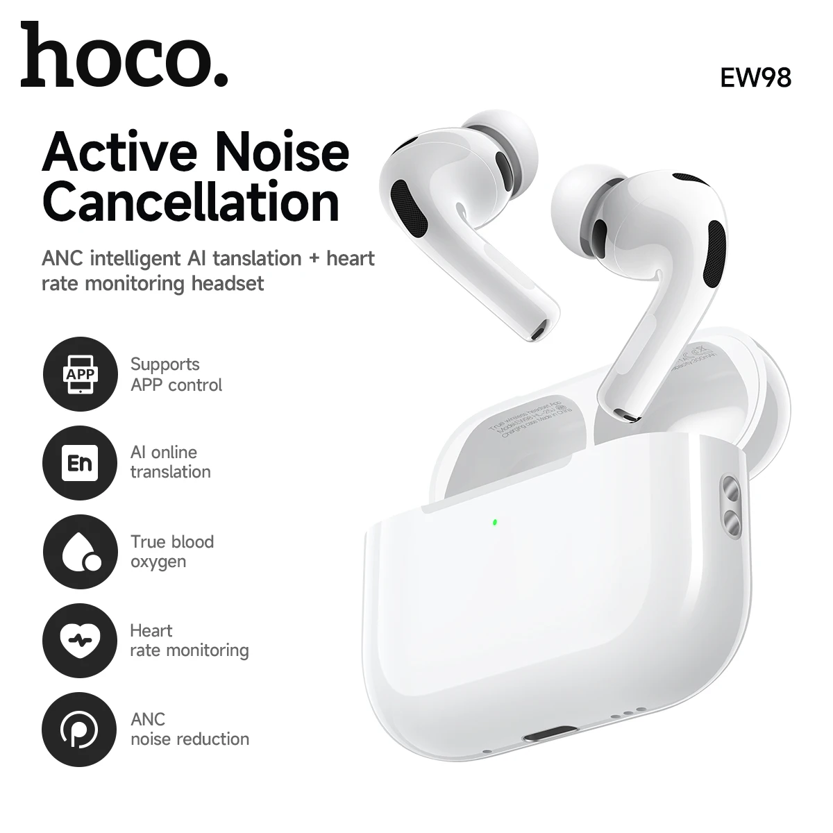 

HOCO Aripods ANC Noise Cancelling Pro 3 Intelligent Smart AI Translation Heart Rate Monitoring Headset APP Bluetooth Earphones