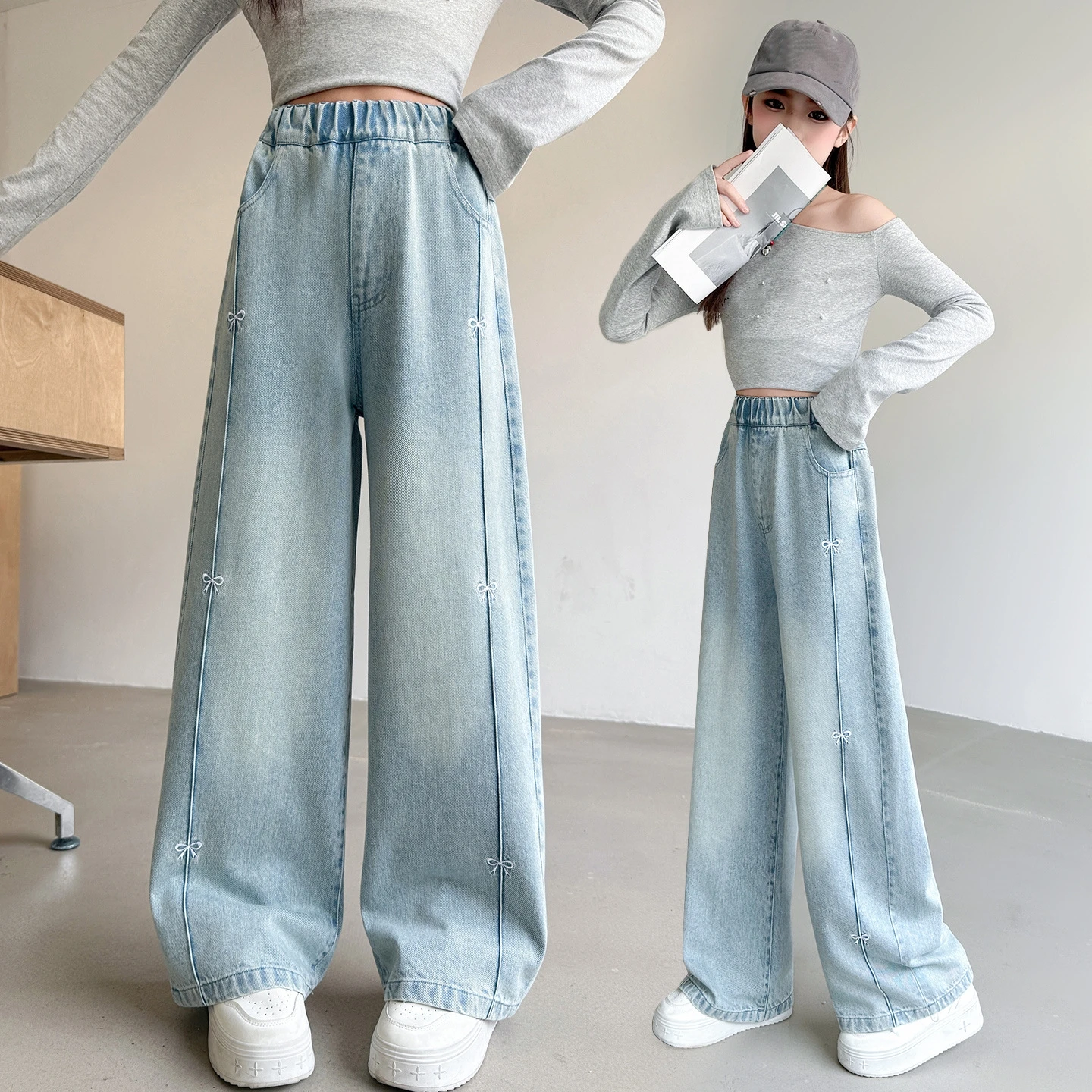 Girls Spring Jeans with Embroidered bow Autumn Teenage Kids Loose Wide Leg Denim Pants Girls Casual Trousers for 4-14Years