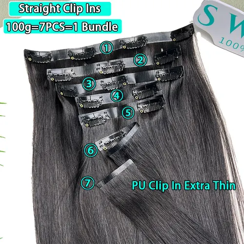 Imagen 2 del producto Clip recto sin costuras Ins cabello humano PU Clip en extensiones de cabello piel de cabello humano Clip de doble trama para mujeres 100g 7 unids/set
