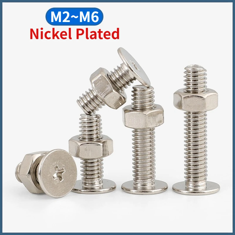 Phillips Ultra Thin Wafer Flat Head Low Profile Screws and Hexagon Full Nuts Set Nickel Plated Carbon Steel M2 M2.5 M3 M4 M5 M6