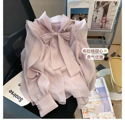 Designer Blouses Women Temper Ruffles Bow Aesthetics Sweet Chemise Girlish Baggy French Fashion Chiffon Tops Gentle Shirts