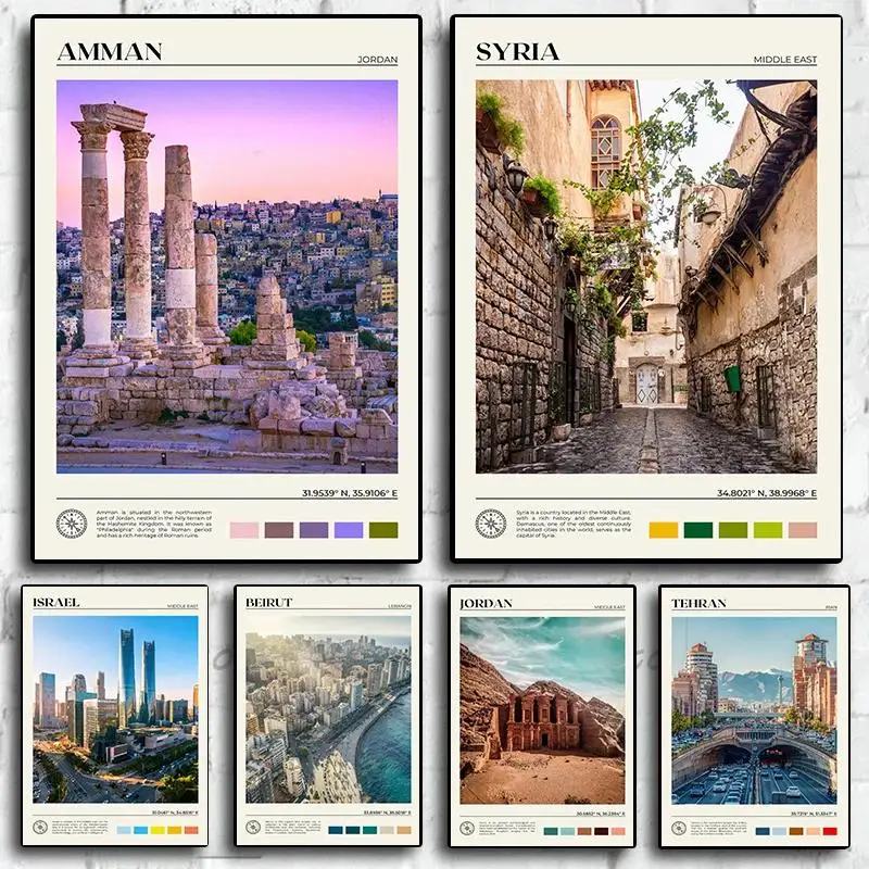 Middle East Travel Poster Canvas Painting  Dubai Syria Saudi Arabia Iraq Israel Palestine  Wall Art Picture for Study  Home D