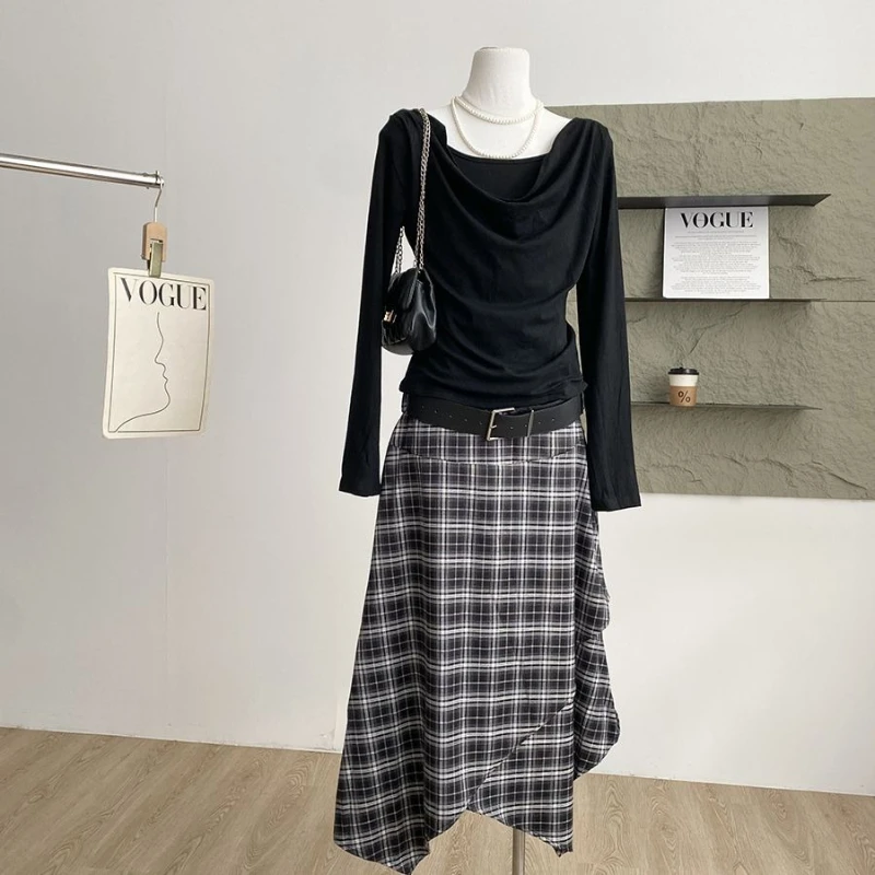 

Spring new fashion two-piece set Korean version retro solid color long sleeved T-shirt+checkered irregular design long skirt