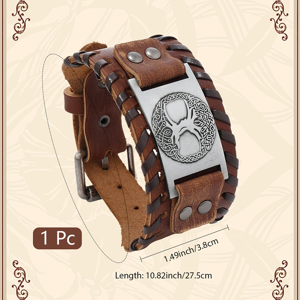 Genuine Leather Cuff Bracelet Tree of Life Gothic Brown Cowhide Leather Wrap Wristband Adjustable Punk Nordic Dara Celtic Knot