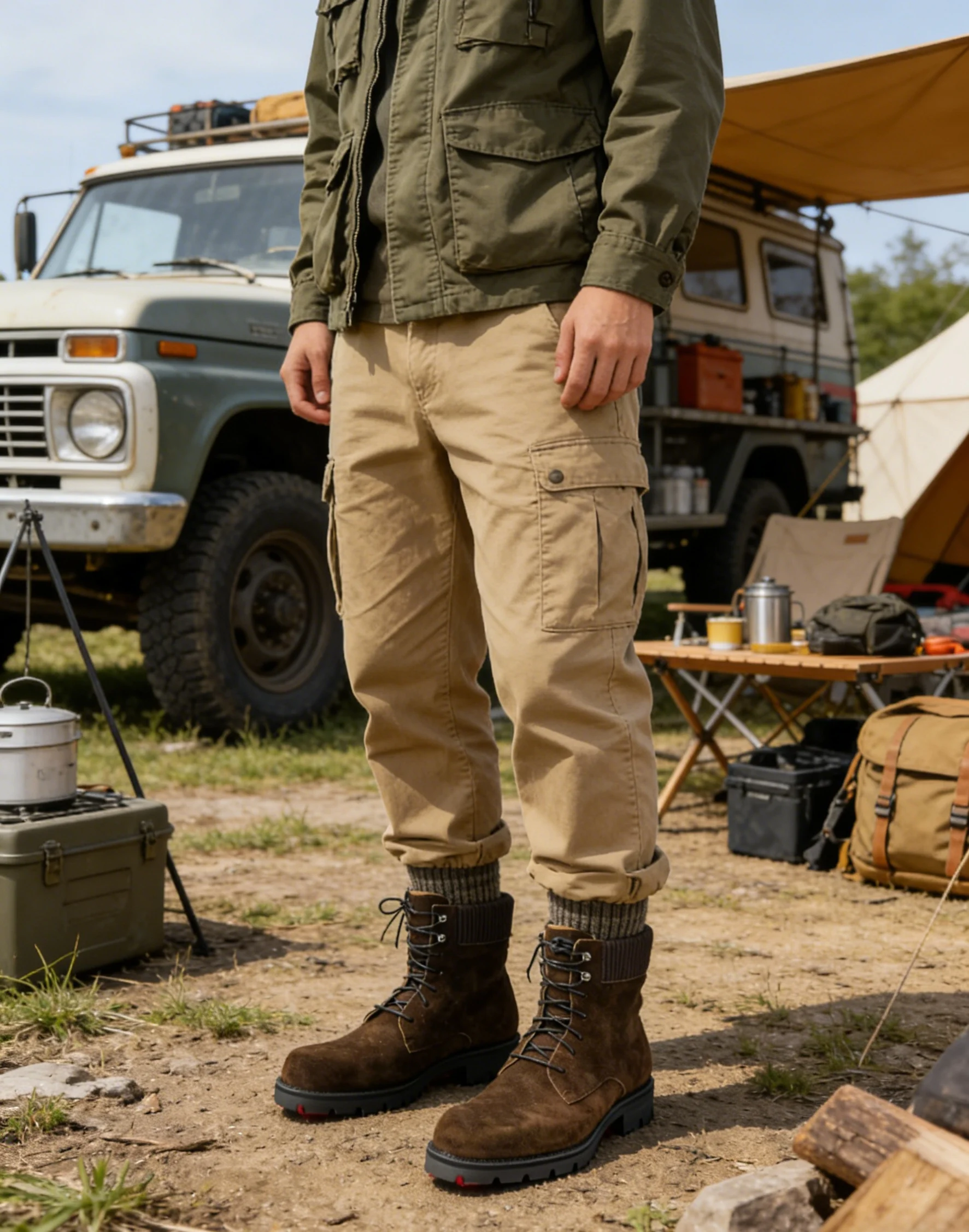 

Thick Red Sole Chunky Mid Heels Boats Male Round Toe Winter Snow Shoes Outwear Brown Flannel Leather Lace-Up Short Boots For Men