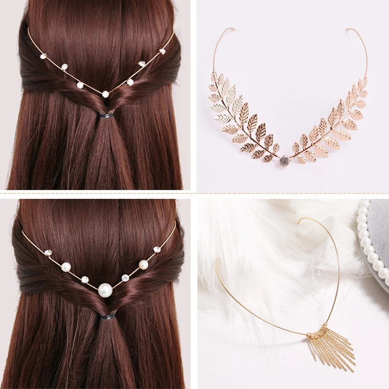 New Pearl Diamond Tassel Back Hold Hair Band For Women Headbands Crystal Alloy Hairbands Flowers Stars Headwear Girls Headdres